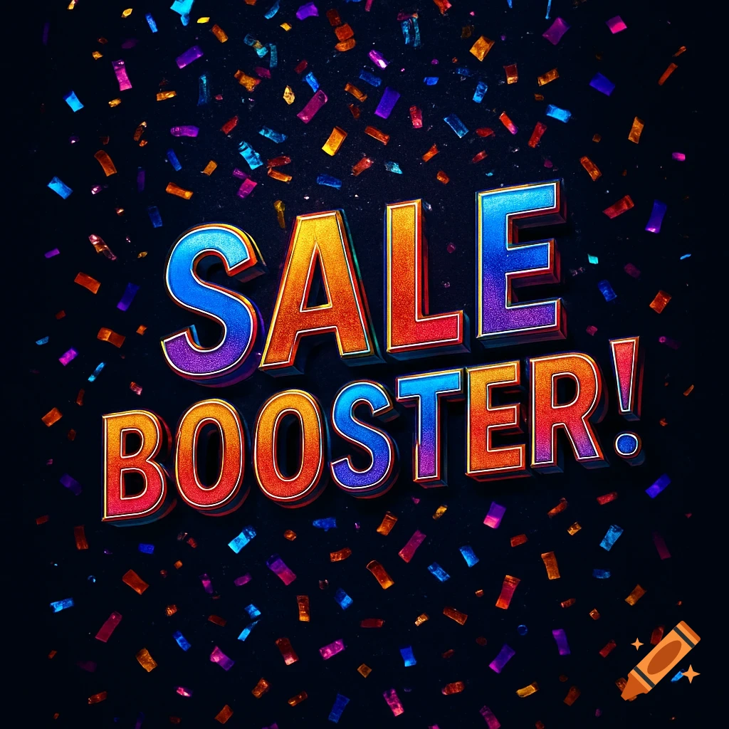 Bright 3D text 'SALE BOOSTER!' in blue, orange, and red, surrounded by colorful confetti on a dark background.