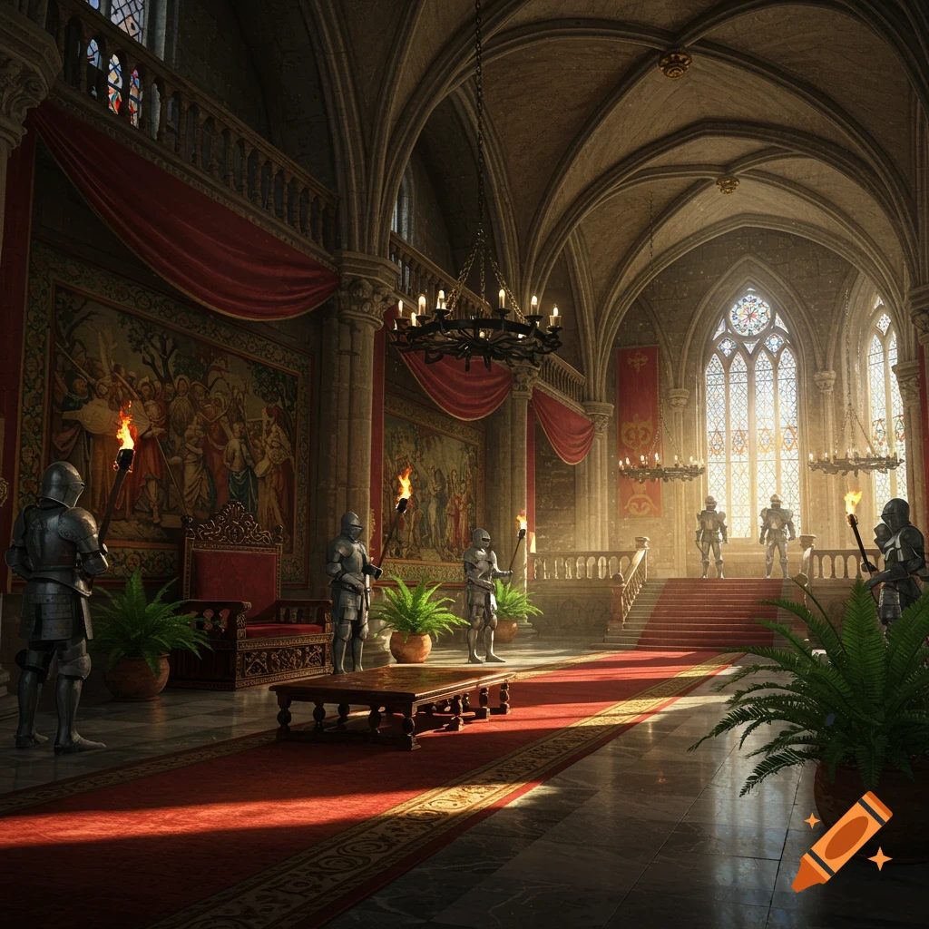 A grand medieval palace hall with knights in armor, large tapestries, chandeliers, and stained glass windows, bathed in light.