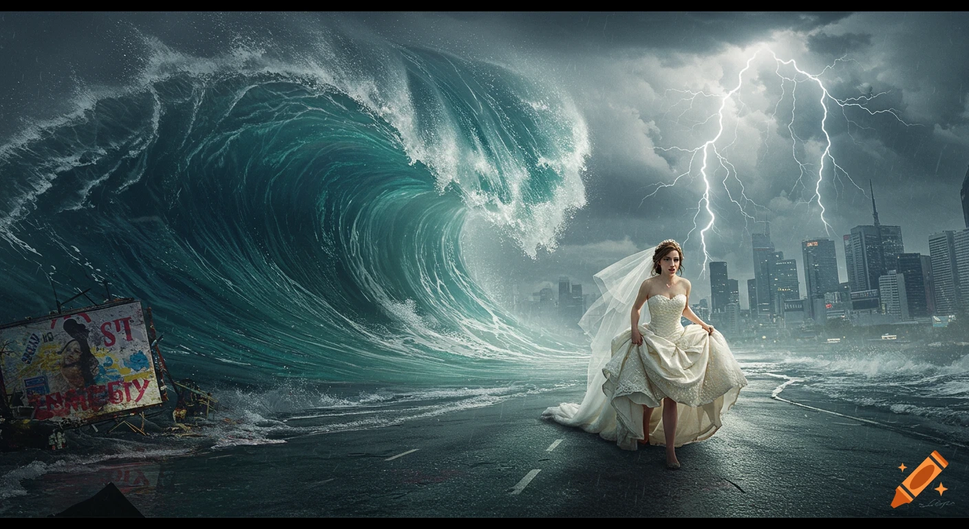 A woman in a white wedding dress runs on a wet road as a massive tsunami wave crashes behind her, with lightning striking a city skyline in the background.
