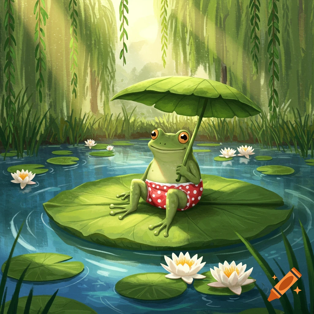 A happy cartoon frog in red polka-dot swim trunks sits on a lily pad, holding a leaf umbrella in a sunny pond.