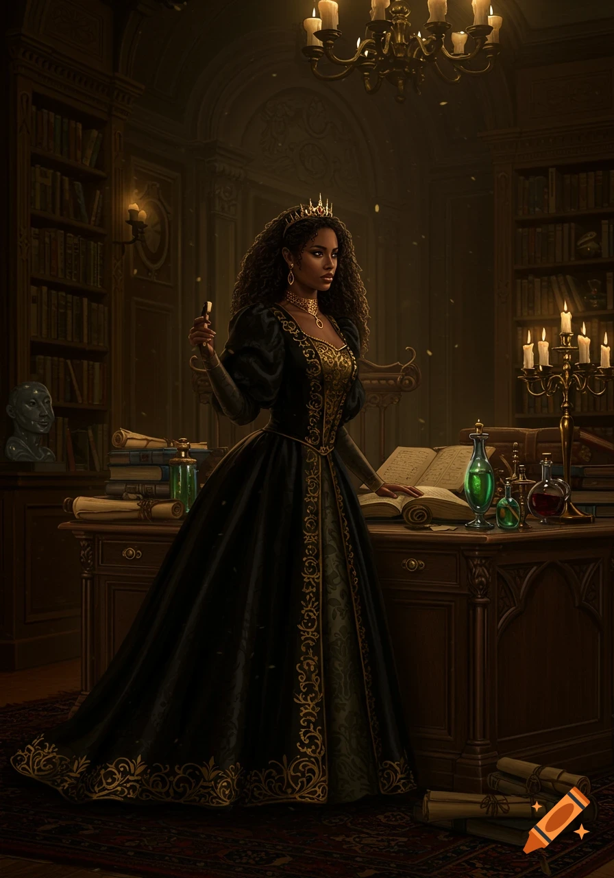 A regal African-American princess in a black and gold gown stands in a dark, atmospheric library, holding a small vial.