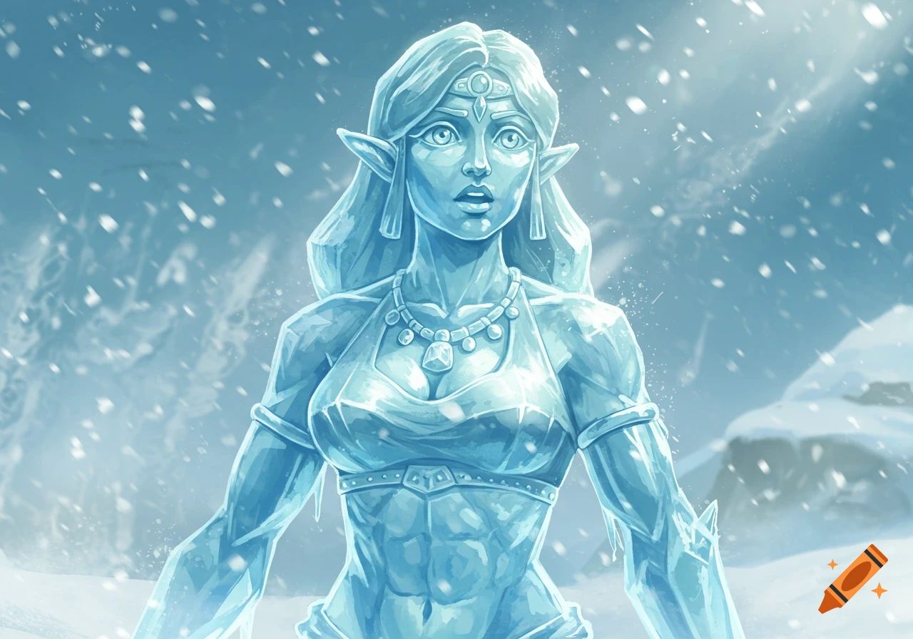 Digital painting of a surprised ice statue of a female character in a snowy environment.