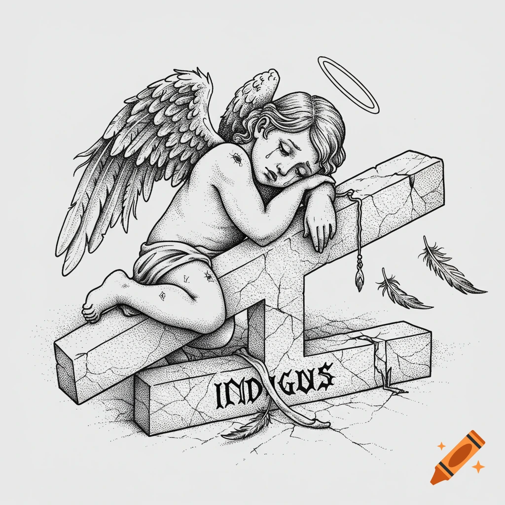 A black and white stippled illustration of a sorrowful cherub with a broken halo on an upside-down cross, with 'INDIGNUS' etched on it.