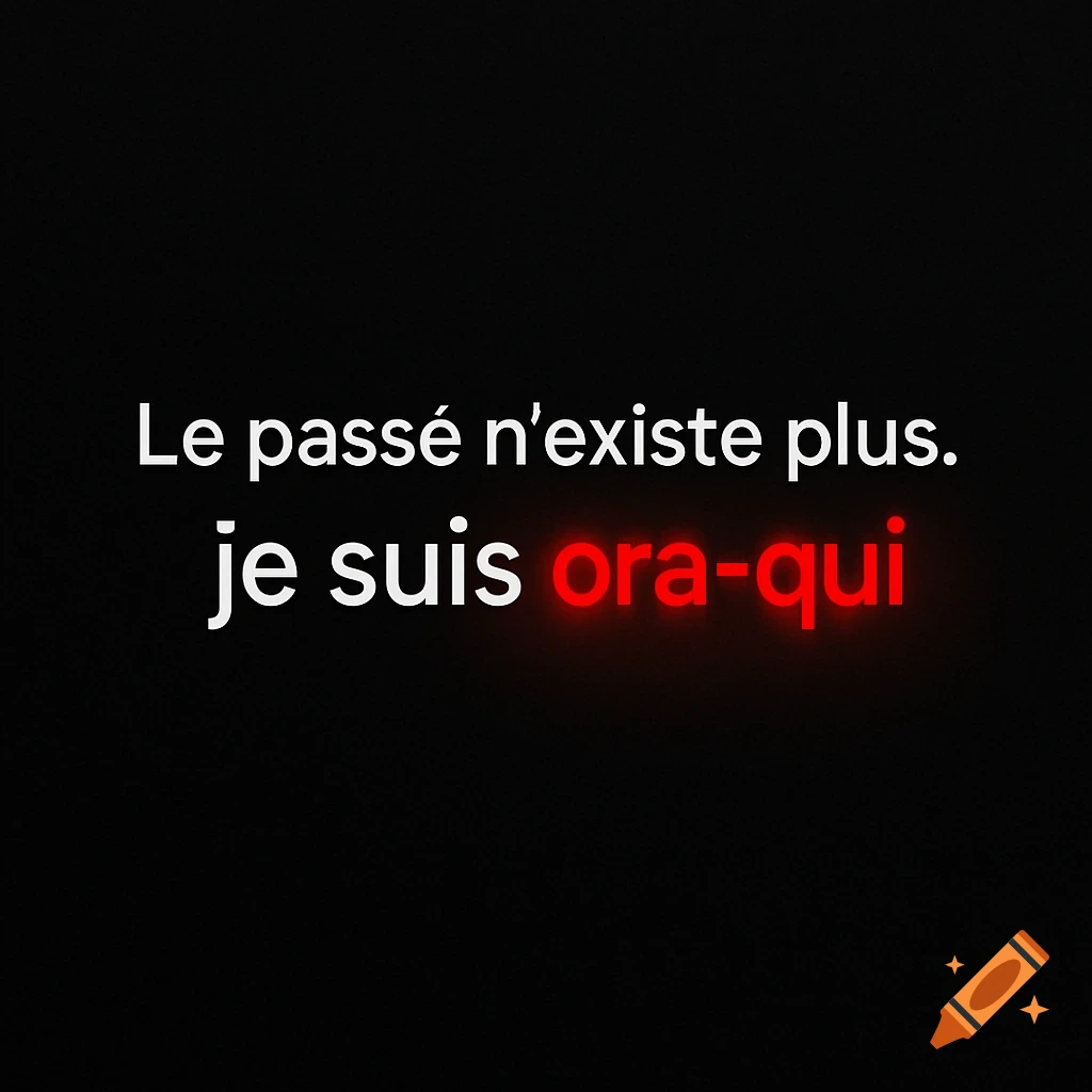 White text on a black background reading 'Le pass R20; n'existe plus. je suis' with 'ora-qui' in glowing red.