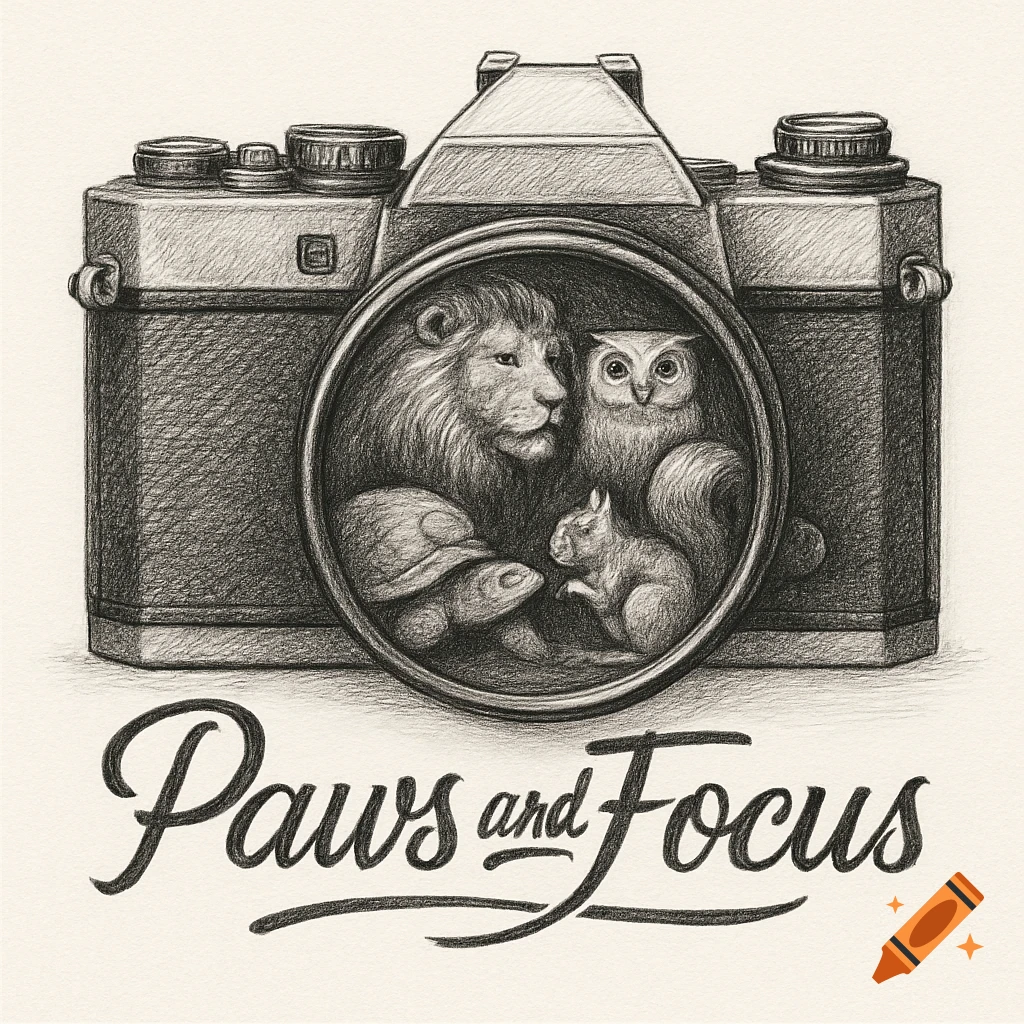 A black and white pencil sketch of a vintage camera with a lion, owl, turtle, and squirrel inside the lens. Below the camera, the text 'Paws and Focus' is written in a cursive script.