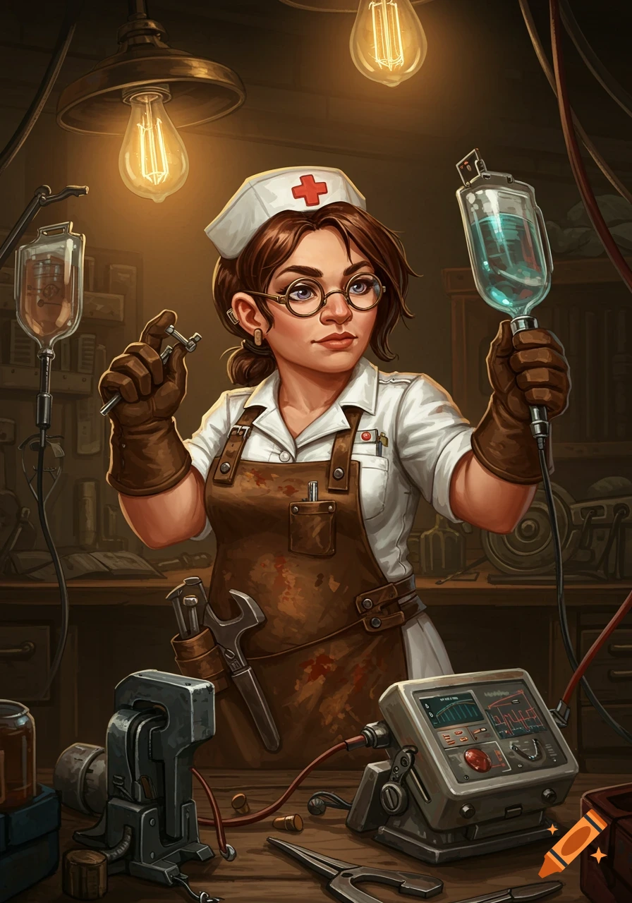 A stylized illustration of a female nurse wearing a brown apron and gloves, holding tools and an IV bag in a dimly lit steampunk workshop. She wears round glasses and a nurse's cap.
