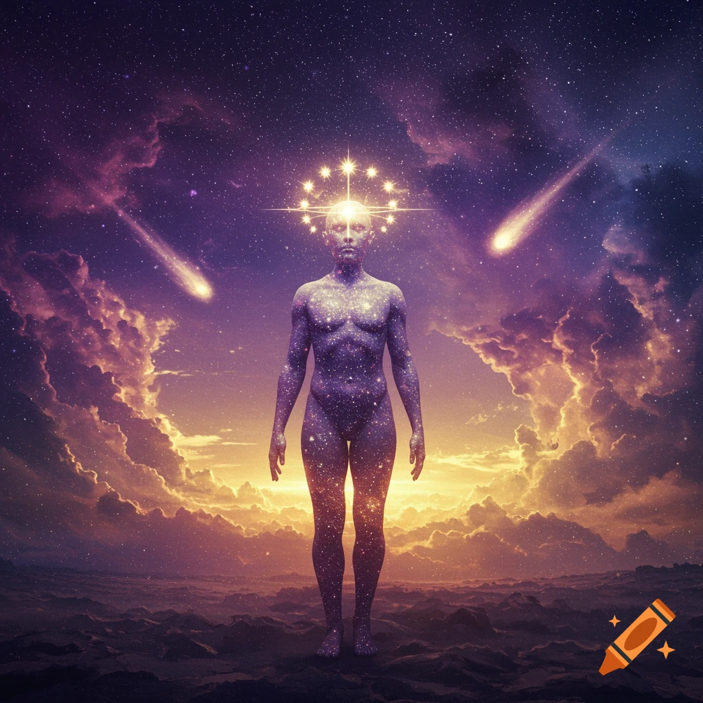 A cosmic human figure made of stars stands on an alien landscape under a starry sky with meteors, surrounded by glowing clouds.