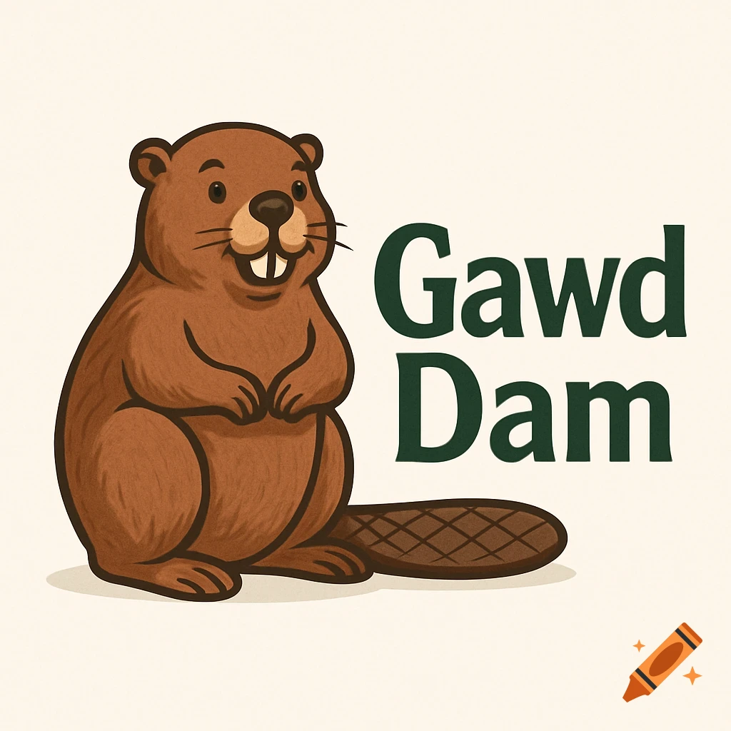 A brown cartoon beaver stands next to the green text "Gawd Dam" on a light background.