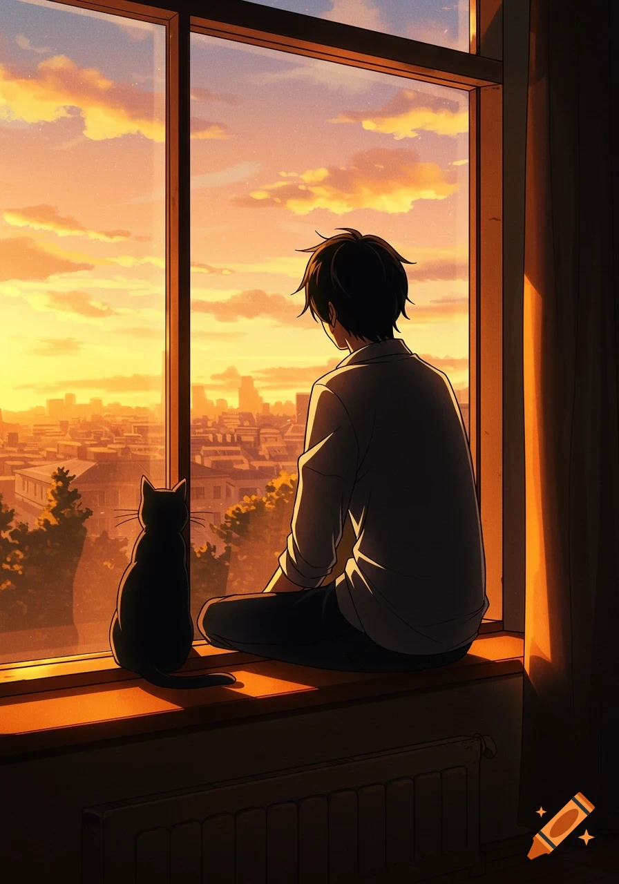 A man and a black cat sit on a window ledge, looking out at a city skyline bathed in warm sunset colors, anime style.