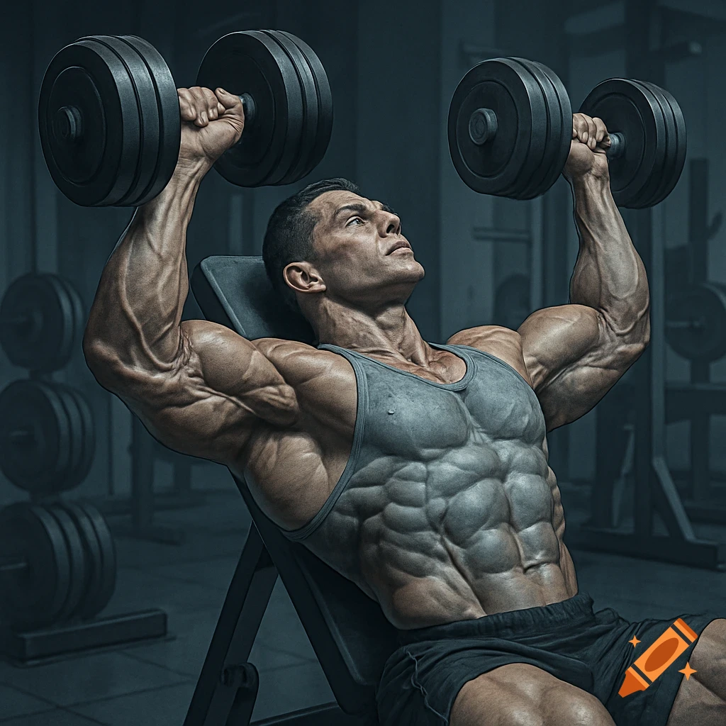 Photorealistic image of a very muscular man performing dumbbell presses on an incline bench in a gym.