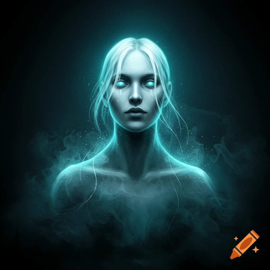 A glowing, ethereal woman with bright white eyes and hair, her form dissolving into blue smoke against a dark background.
