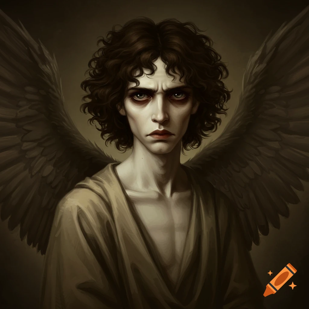 A classical style portrait painting of a brooding angel with dark curly hair, pale skin, and large wings.