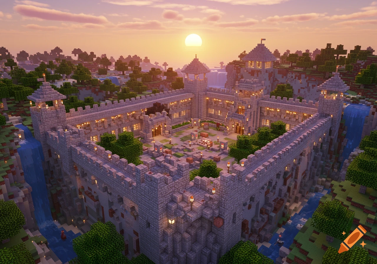 A detailed Minecraft castle build at sunset, featuring stone walls, towers, and waterfalls in a blocky landscape.