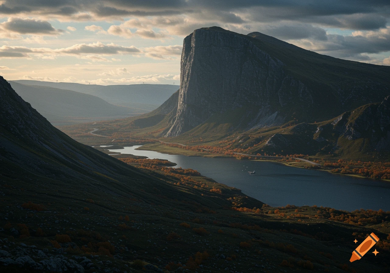 A panoramic view of a vast mountain valley with a winding lake, autumn foliage, and a towering cliff under a dramatic sky.