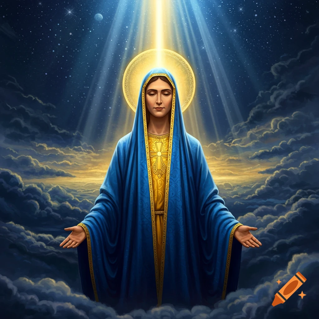 A luminous religious icon, resembling the Virgin Mary, stands among clouds under a starry sky with light rays shining from above.