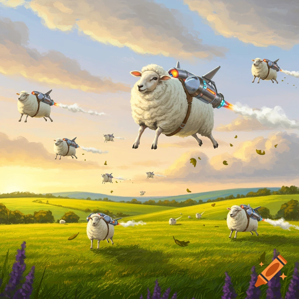 Fluffy white sheep with jetpacks fly over a green field and cloudy sky at sunset.