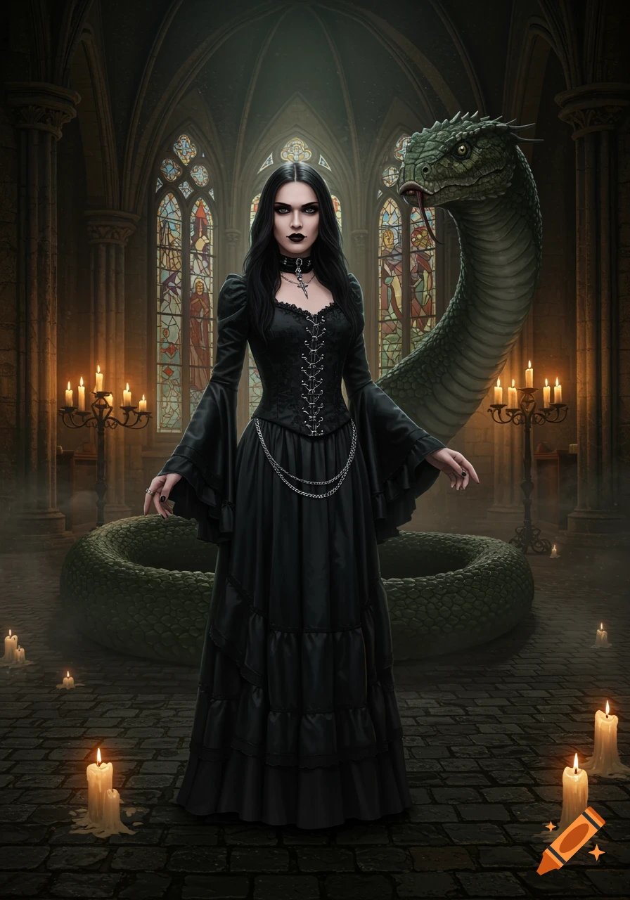 A goth woman in a black dress stands in a dimly lit gothic church, with a large green snake coiled behind her among flickering candles.