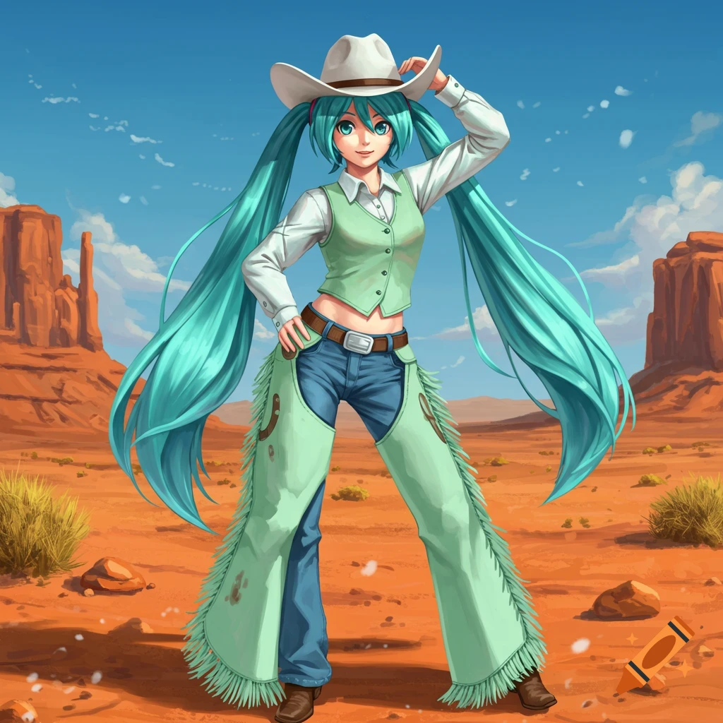 Hatsune Miku as a cowgirl in a desert, wearing a white cowboy hat, green vest, blue jeans, and fringed chaps.