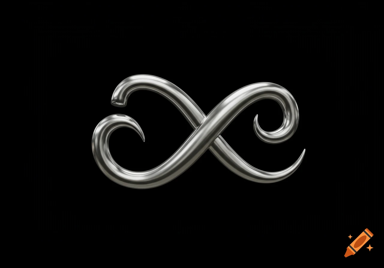 A shiny chrome metallic infinity symbol intertwined with a heart shape on a black background.