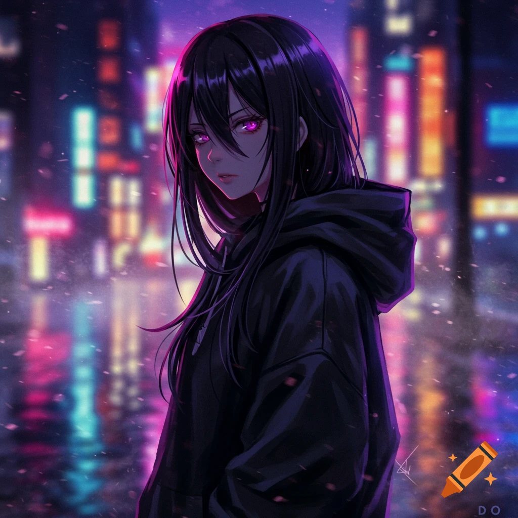 An anime girl with long black hair and glowing pink eyes wears a black hoodie in a neon-lit city at night.