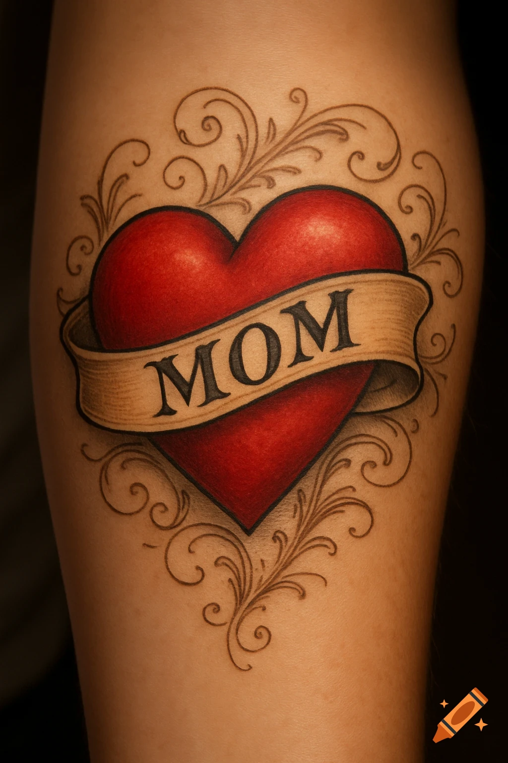 A red heart tattoo with a banner reading 'MOM' on an arm, surrounded by decorative swirls.