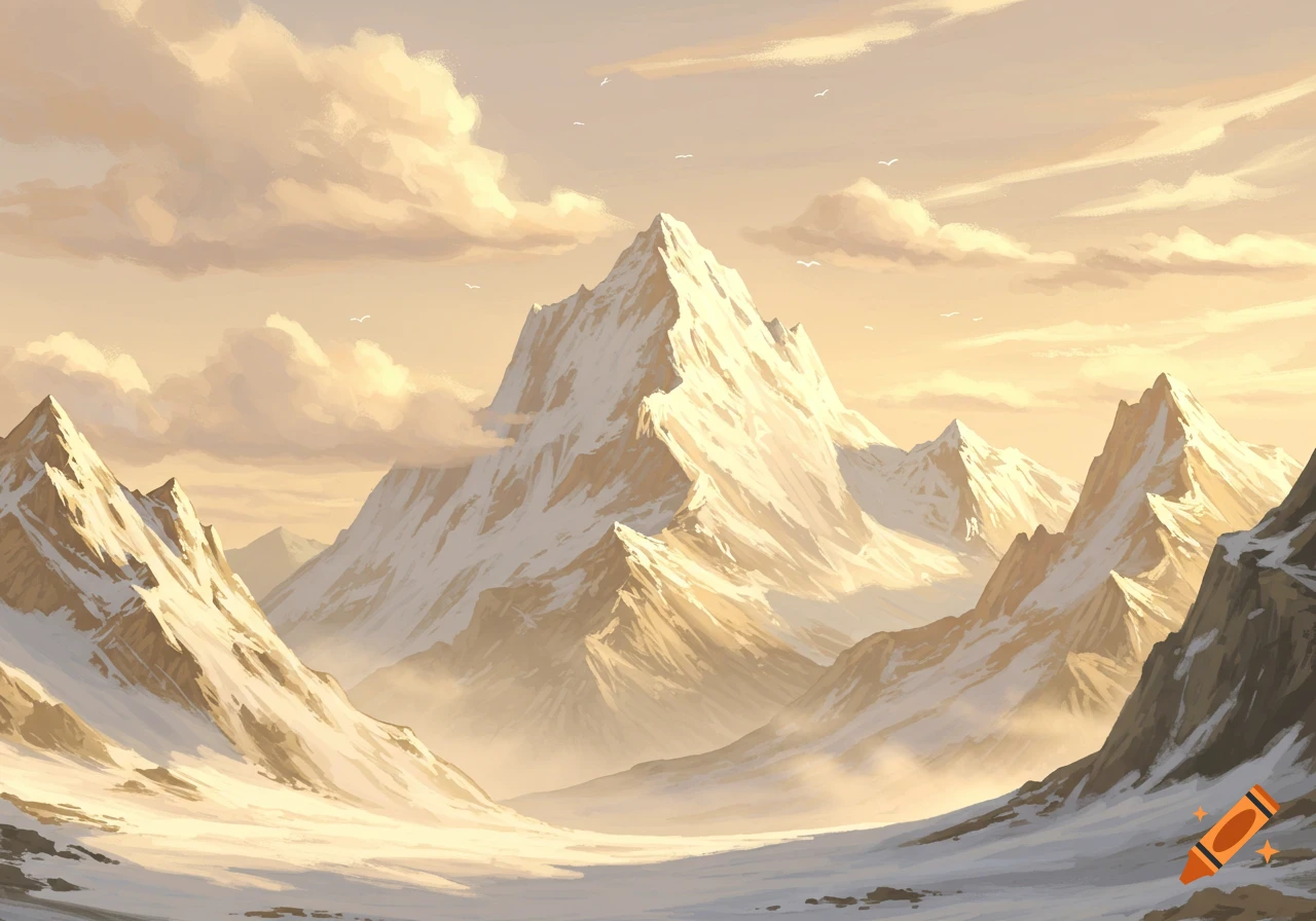 A vast mountain landscape with snow-covered peaks under a warm beige and gold sky with clouds, rendered in a painterly style.