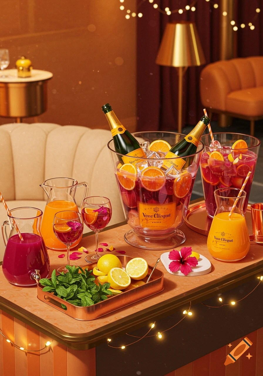 A lavish orange and pink themed sangria bar setup with champagne bottles in an ice bucket, juice carafes, garnishes of lemons and mint, and string lights.