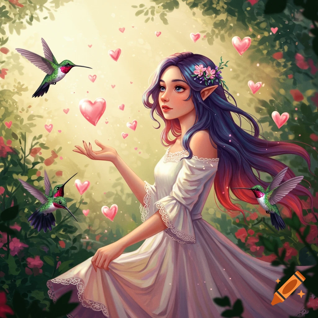 A fantasy woman with long dark hair, pointed ears, and a white dress in a garden with hummingbirds and floating hearts.