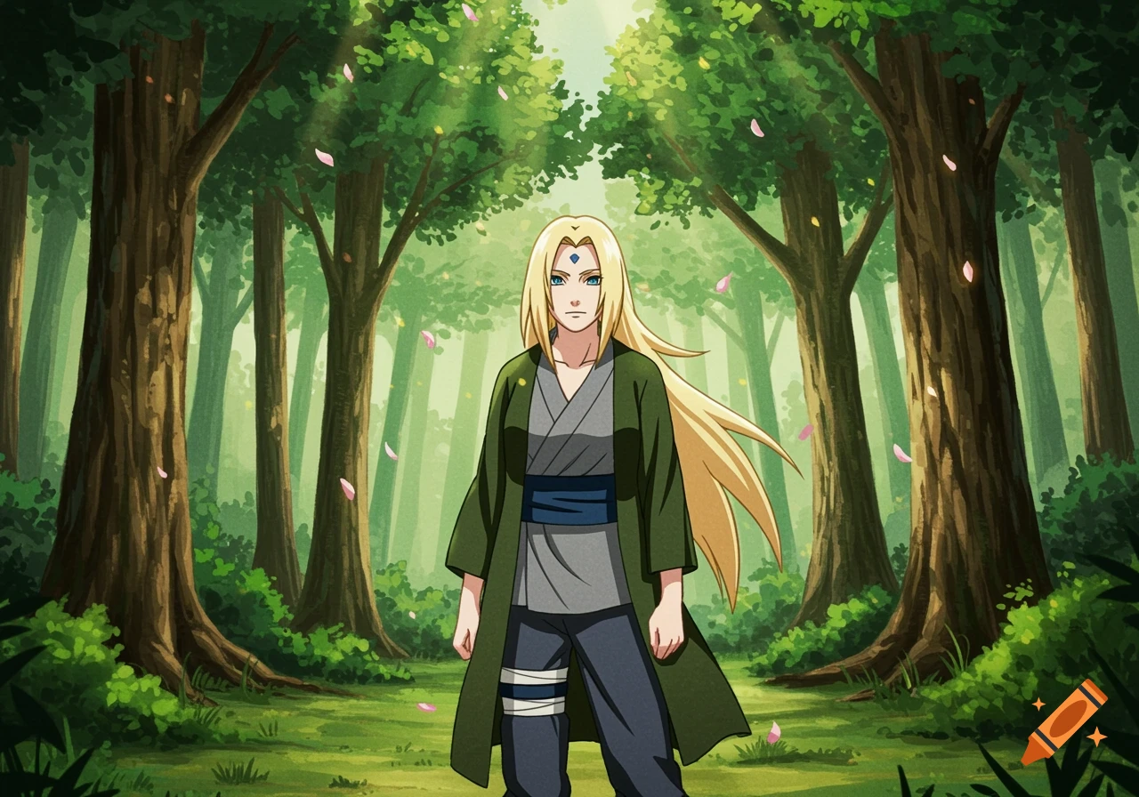 Anime character Tsunade stands in a lush green forest with sun rays and falling pink petals.