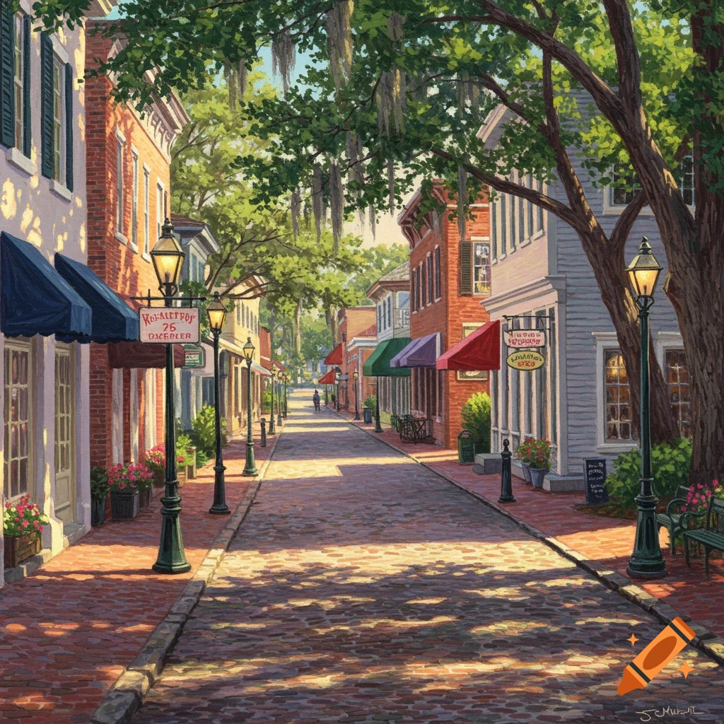 A detailed painting of a charming cobblestone street lined with brick buildings, colorful awnings, and trees, with a person walking in the distance under dappled sunlight.