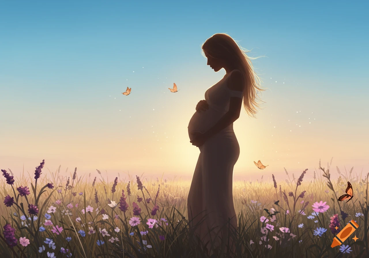 An illustrative silhouette of a pregnant woman in a field of wildflowers at sunset, gently holding her belly with butterflies flying around.