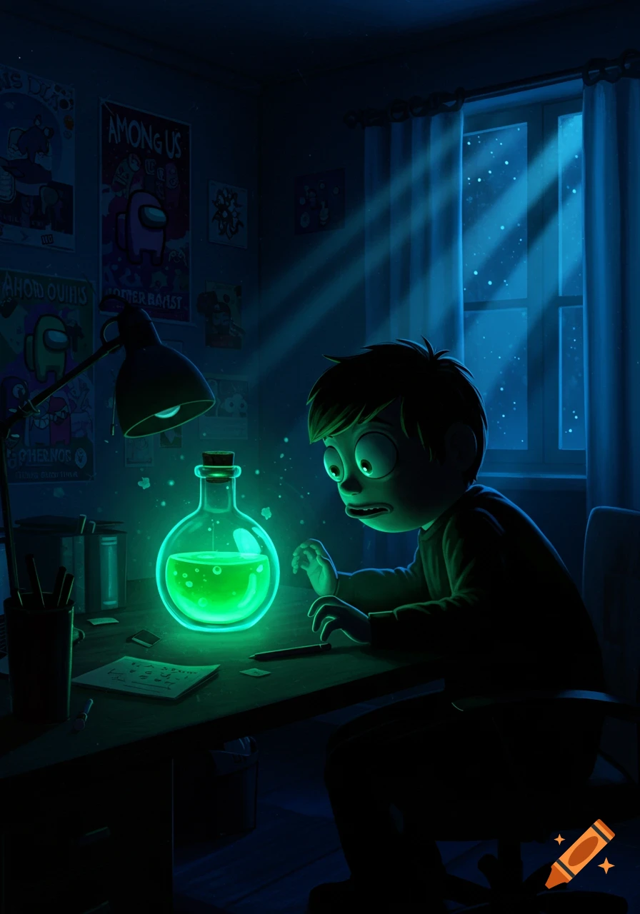 Cartoon boy looking intently at a glowing green potion on a desk in a dark room with posters on the wall.