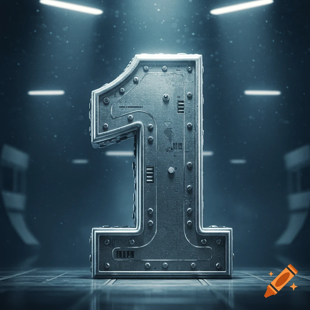 A large, metallic number one made of steel with rivets, glowing in a dark, industrial setting.