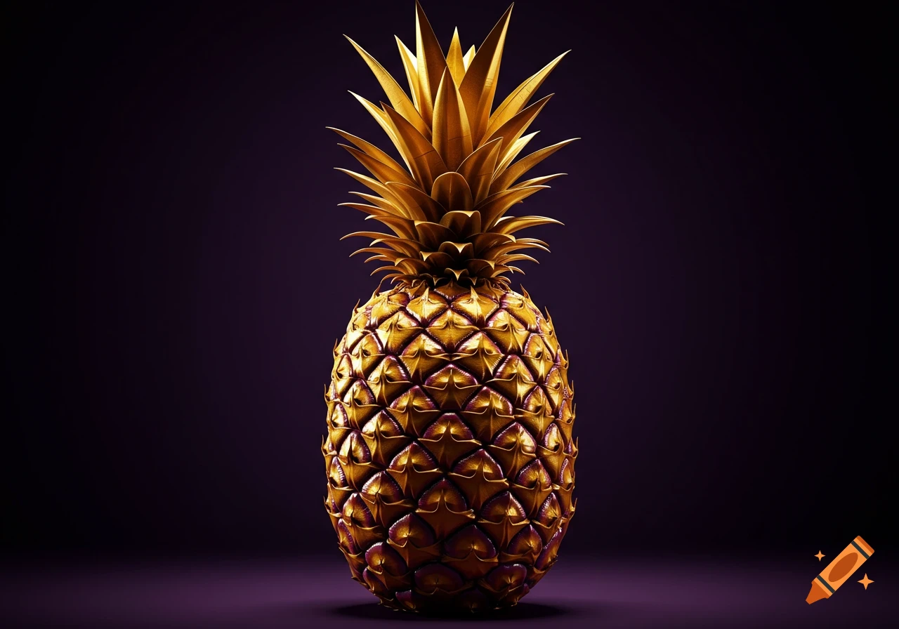 A highly detailed, photorealistic golden pineapple with purple accents against a dark purple background.