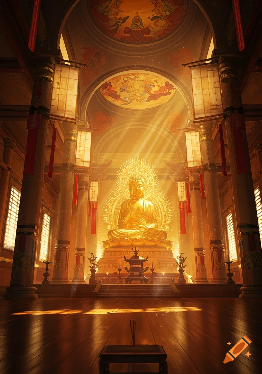 A golden Buddha statue bathed in divine light inside a grand, ornate temple interior.