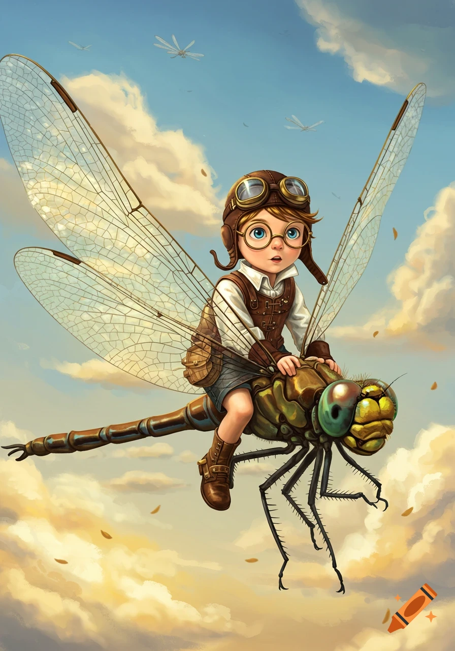 A whimsical illustration of a young boy wearing pilot goggles and a leather helmet, riding a large dragonfly through a cloudy sky.