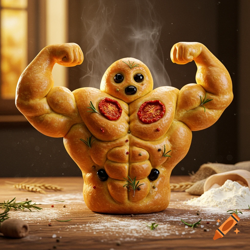 A buff, bodybuilder-shaped focaccia bread character with tomato slices, herbs, and olives for features, steaming on a wooden table.