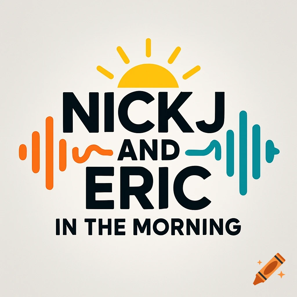 A logo for 'Nick J and Eric in the Morning' radio show featuring a sun icon and colorful audio wave graphics on a light background.