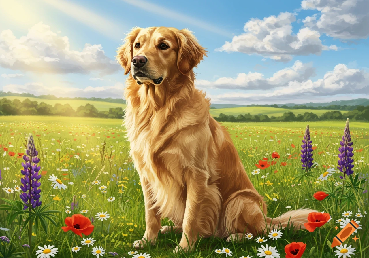 A golden retriever sits in a vibrant meadow filled with red poppies, purple lupines, and white daisies under a sunny sky.
