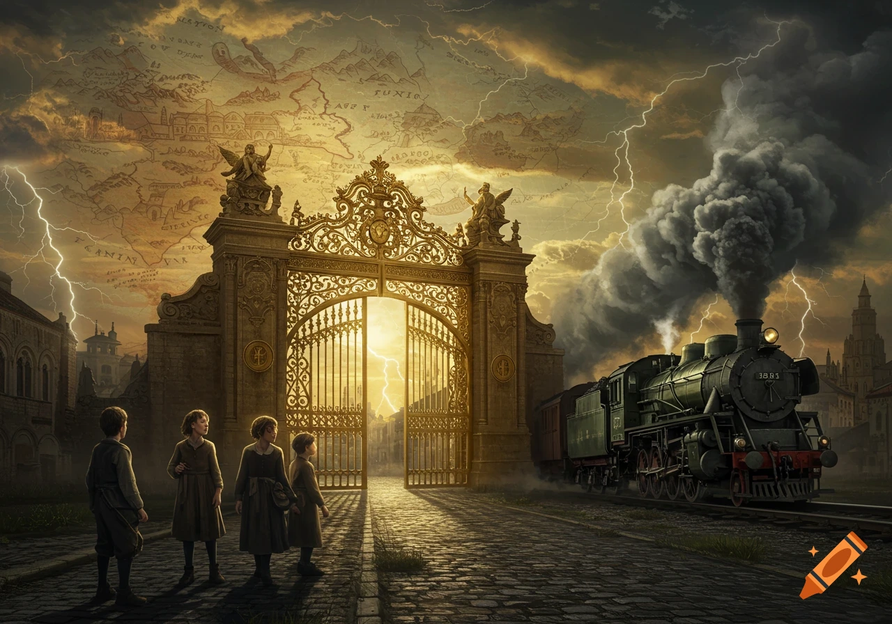 Four children in old-fashioned clothes stand before a grand golden gate, with a steam locomotive on tracks to the right. A map is visible in the cloudy sky with lightning striking.