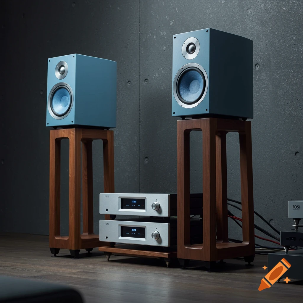 Two blue bookshelf speakers on walnut stands with silver audio amplifiers below, set against a concrete wall.