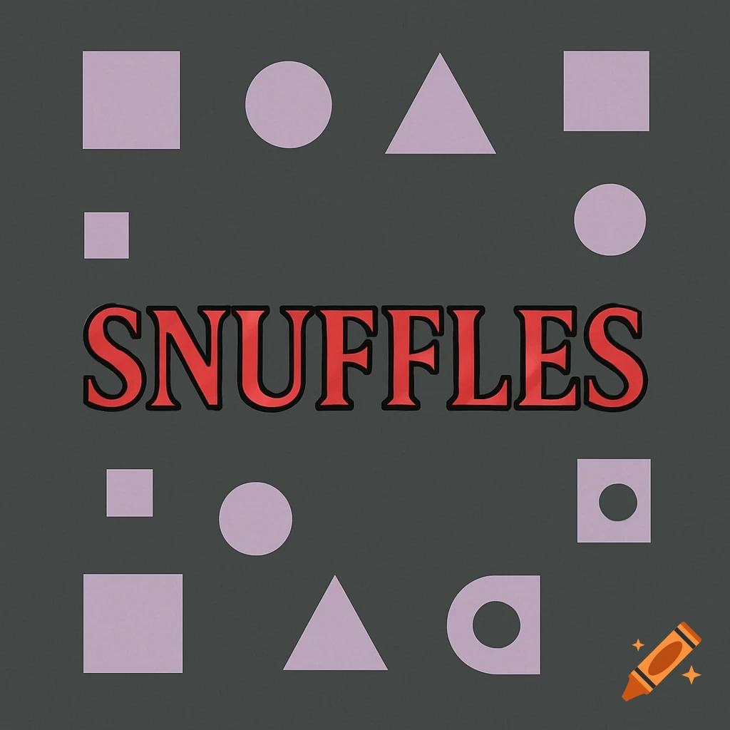 The word 'SNUFFLES' in red with a black border centered on a charcoal gray background, surrounded by lavender geometric shapes.