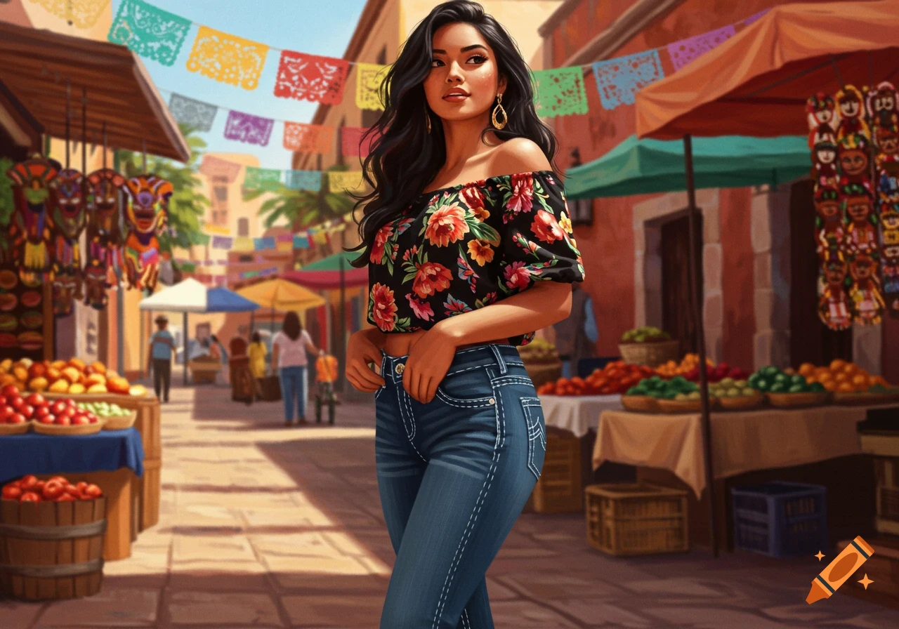 A young woman in a floral top and jeans stands in a vibrant outdoor market with colorful banners, digital art style.