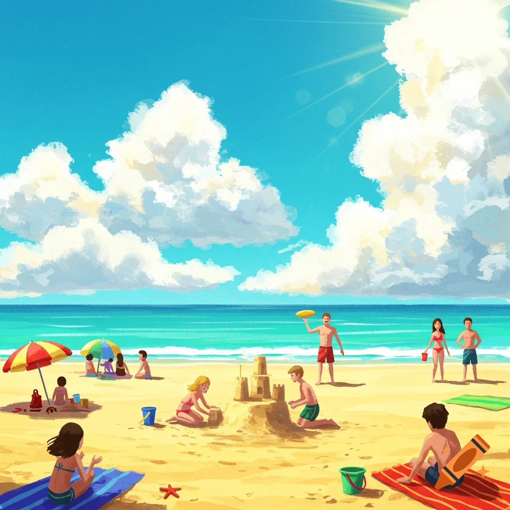 A vibrant cartoon illustration of people enjoying a sunny day at the beach, building sandcastles and relaxing by the ocean.