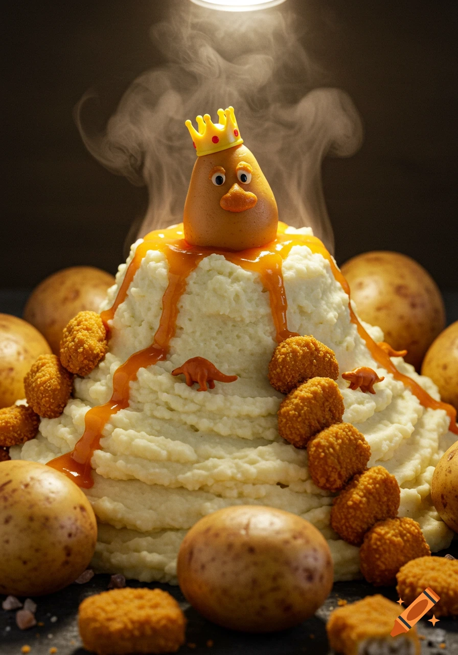 A mashed potato volcano topped with a Potato King, surrounded by whole potatoes and adorned with dino nuggets and gravy.