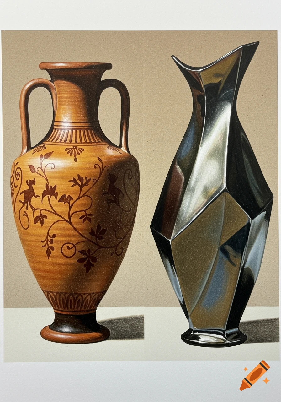 Drawing of two vases: an ornate brown ancient-style vase and a modern, faceted silver metallic vase.