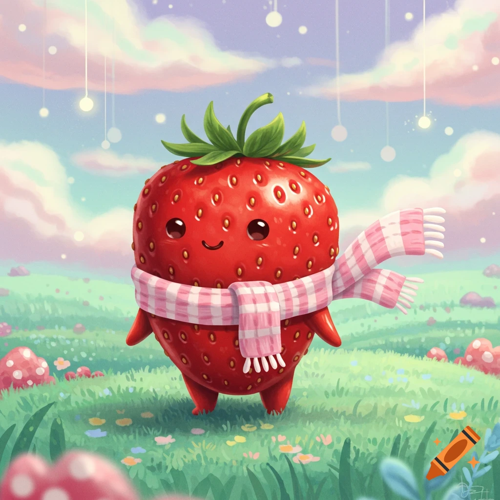 A cute, anthropomorphic strawberry character with a pink and white checkered scarf stands in a whimsical green field with small flowers and pink mushrooms under a pastel sky.