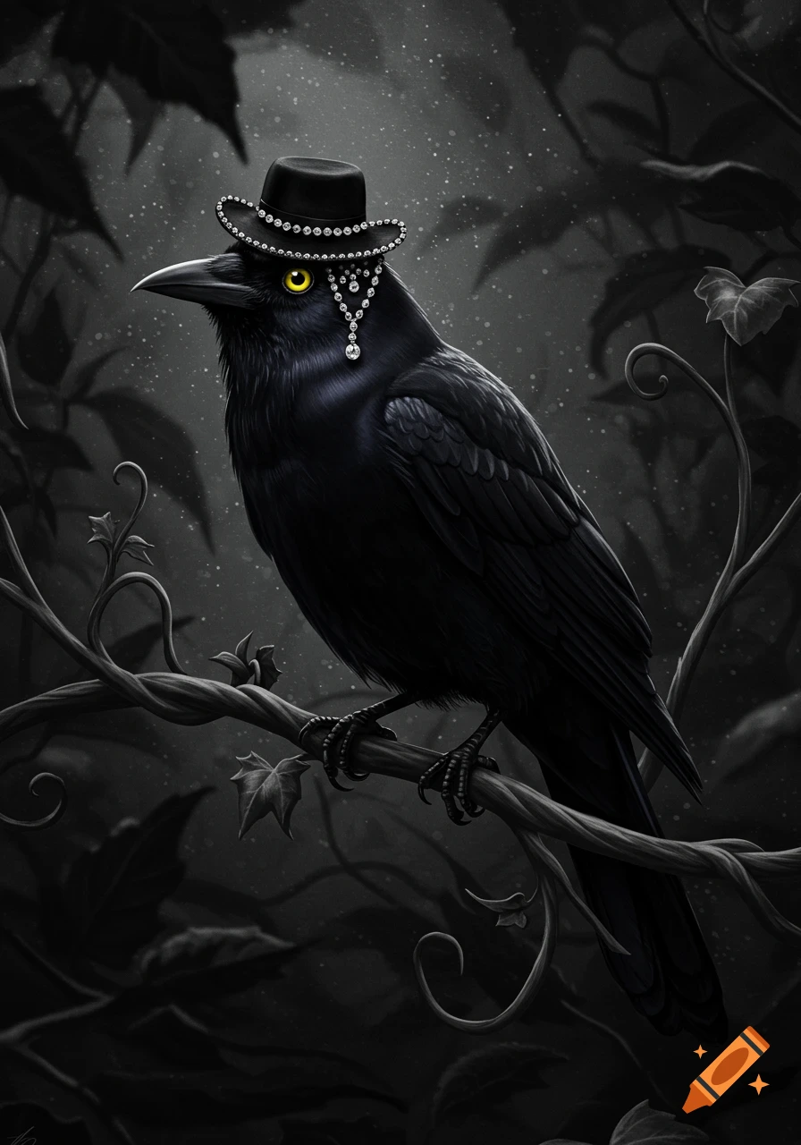 A black crow with yellow eyes wears a jeweled black hat, perched on a branch in a dark, illustrative forest.