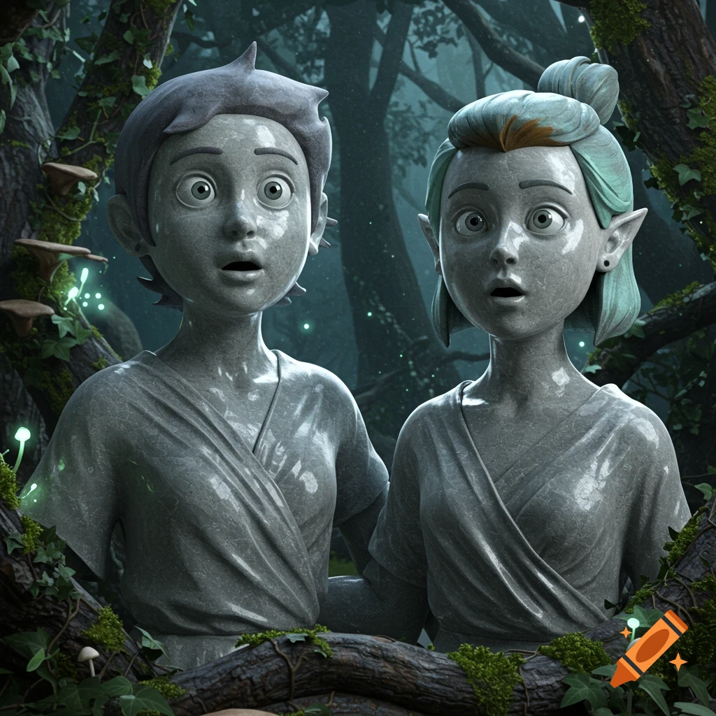 Two stylized stone statues with wide, surprised eyes stand amidst mossy tree roots and glowing mushrooms in a dark, magical forest.