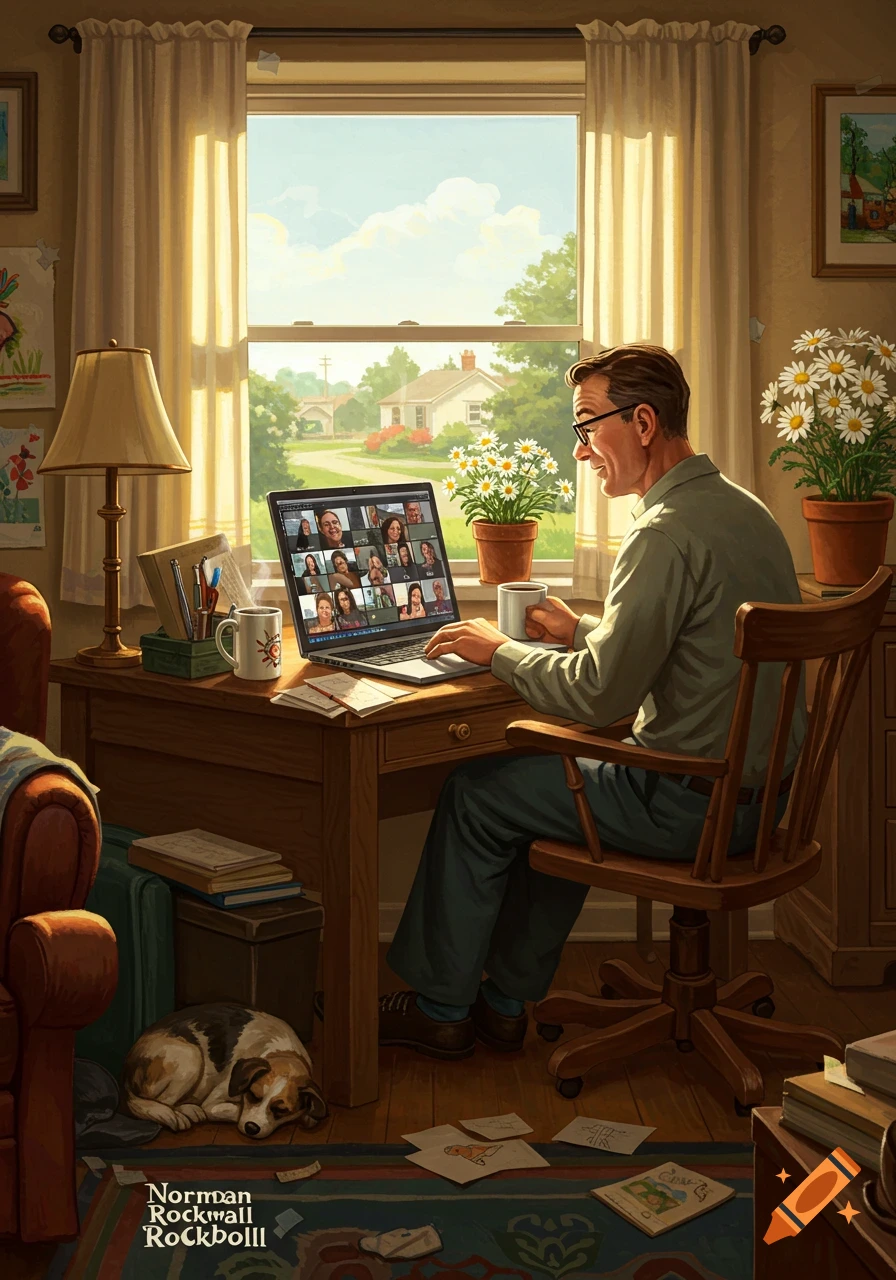 A Norman Rockwell style painting shows a man in glasses on a video call at his desk in a sunlit room, with a dog sleeping nearby.